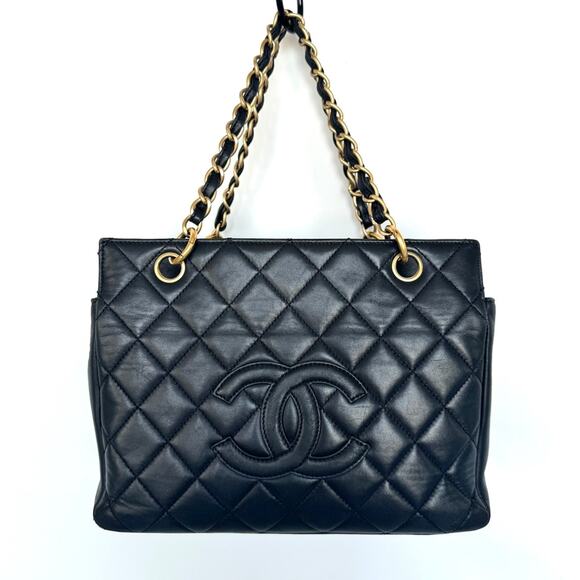 Authentic Chanel Lambskin Shopping Tote Quilted Shoulder Bag Gold Black Chain - Picture 1 of 10